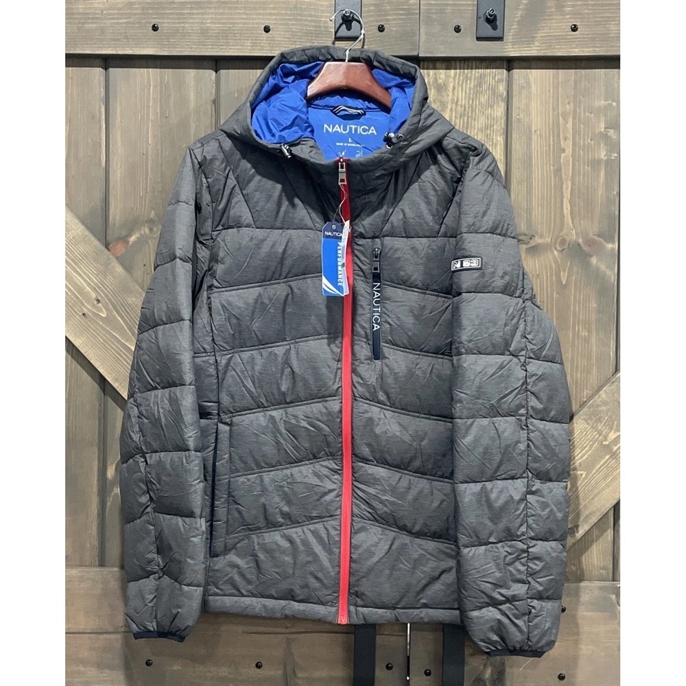 Nautica Performance N83 Heather Gray Red Hooded Puffer Jacket Men's Large NWT